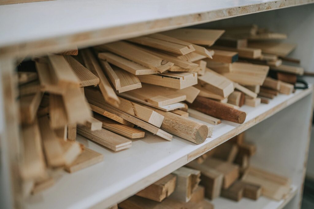 Stack of cut boards at the carpentry workshop